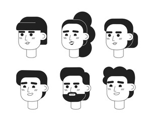 Poster - Pleasant satisfied men, women monochromatic flat vector character heads set. Editable black white cartoon face emotions. Hand drawn lineart ink spot illustration pack for web graphic design, animation