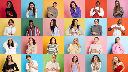 Happiness. Collage made of portraits of young people of diverse age, gender and race posing, smiling over multicolored background. Concept of human emotions, youth, lifestyle, facial expression. Ad