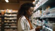 © DigitalMuseCreations - Woman using a tablet in a pharmacy.Generated by AI