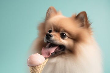 Environmental portrait photography of a curious pomeranian licking an ice cream cone against a pastel or soft colors background. With generative AI technology