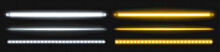 Neon Tube Lamp In Yellow And White For Party Border Design. Vector Fluorescent Led Light Bar Isolated On Transparent Background. Night Realistic Electric Stripe Casino Illumination Graphic Pack