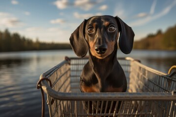 Wall Mural - Full-length portrait photography of a curious dachshund sitting in a shopping cart against lakes and rivers background. With generative AI technology