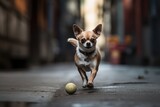 Fototapeta Uliczki - Conceptual portrait photography of a happy chihuahua playing fetch against urban streets and alleys background. With generative AI technology