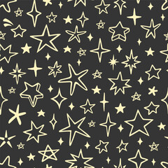 Wall Mural - Vector seamless pattern with cute stars and sparkles. Hand drawn, doodle style. Design for fabric, wrapping, stationery, wallpaper, textile.