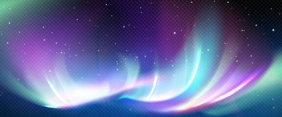 Poster - Northern aurora light in polar sky at night vector. Abstract realistic borealis illustration in green, blue and pink color. Mystery lapland phenomenon glow with gradient for romantic backdrop