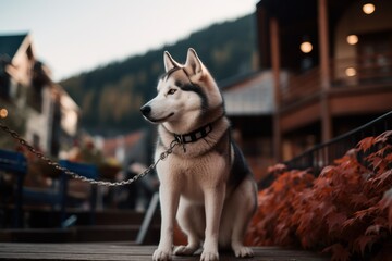 Full-length portrait photography of a curious siberian husky being on a mountain peak against dog-friendly cafes and restaurants background. With generative AI technology