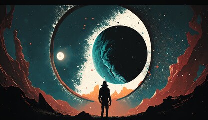 Wall Mural - astronaut on rock surface with space background ,astronaut walk on the moon wear cosmosuit. future c