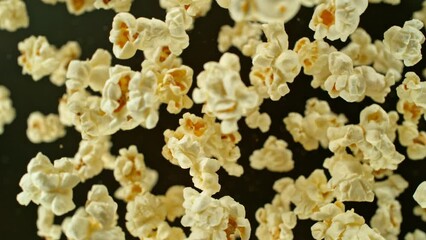 Poster - Super slow motion of rotating popcorn in the air. Isolated on black background. Filmed on high speed cinema camera, 1000fps, placed on high speed cine bot, following the target. Speed ramp effect.