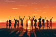 silhouette illustration of big crowd of young friends running into the sea at sunset, having fun