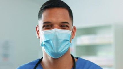Aufkleber - Covid, doctor or surgeon with face mask and stethoscope around his neck. Healthcare, compliance and male medical worker or professional nurse with corona virus safety protection at hospital or clinic