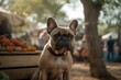 © Markus Schröder - Medium shot portrait photography of a happy french bulldog being at a farmer's market against treehouses background. With generative AI technology