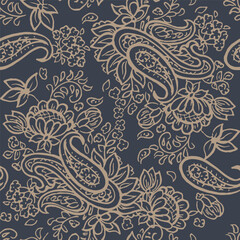  Hand drawn floral paisley seamless vector pattern. Batik style fabric