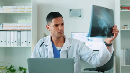 Aufkleber - Medical x ray, man doctor and laptop for results and healthcare, surgery or health insurance. Male worker in a hospital with an mri scan and tech for analysis, internet connection and telehealth