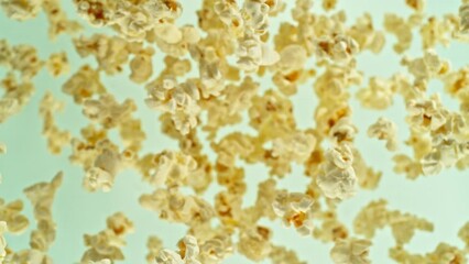 Poster - Super slow motion of rotating popcorn in the air. Isolated on colored background. Filmed on high speed cinema camera, 1000fps, placed on high speed cine bot, following the target. Speed ramp effect.