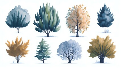 Watercolor trees collection. Set of hand drawn trees. Forest tree pack. Generative Ai.