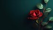 Single red rose on green backdrop, gorgeous floral minimalistic abstract background. Festive texture with copy-space. Generative AI.