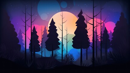 Wall Mural - mountain and forest landscape at nigh,t Forest, glowing giant moon, fantasy, illustration, generative ai