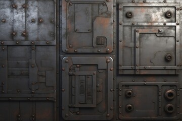 Metal industrial background with rivets and lockers. Generative Ai