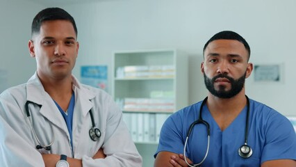Aufkleber - Medical team, portrait and men as a doctor and nurse for healthcare, medicine and health insurance. Male workers in a hospital for collaboration, professional care and