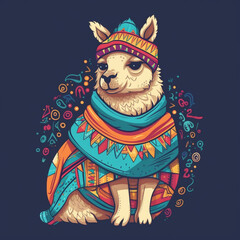 Wall Mural - quirky llama with a colorful blanket on its back, always ready to spit some humor and cheer up its friends ai generated