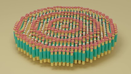 Poster - loop 3d animation a lot of tubes of different diameters and rings with balls. The balls and tubes have synchronous vertical movement. Ring waves from the center to the edge of the disk. Abstract