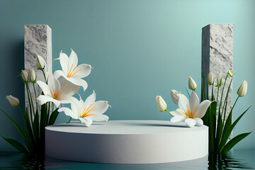 The podium is made of stone on a green background with lily flowers. Flat top view, a place to copy. AI Generated