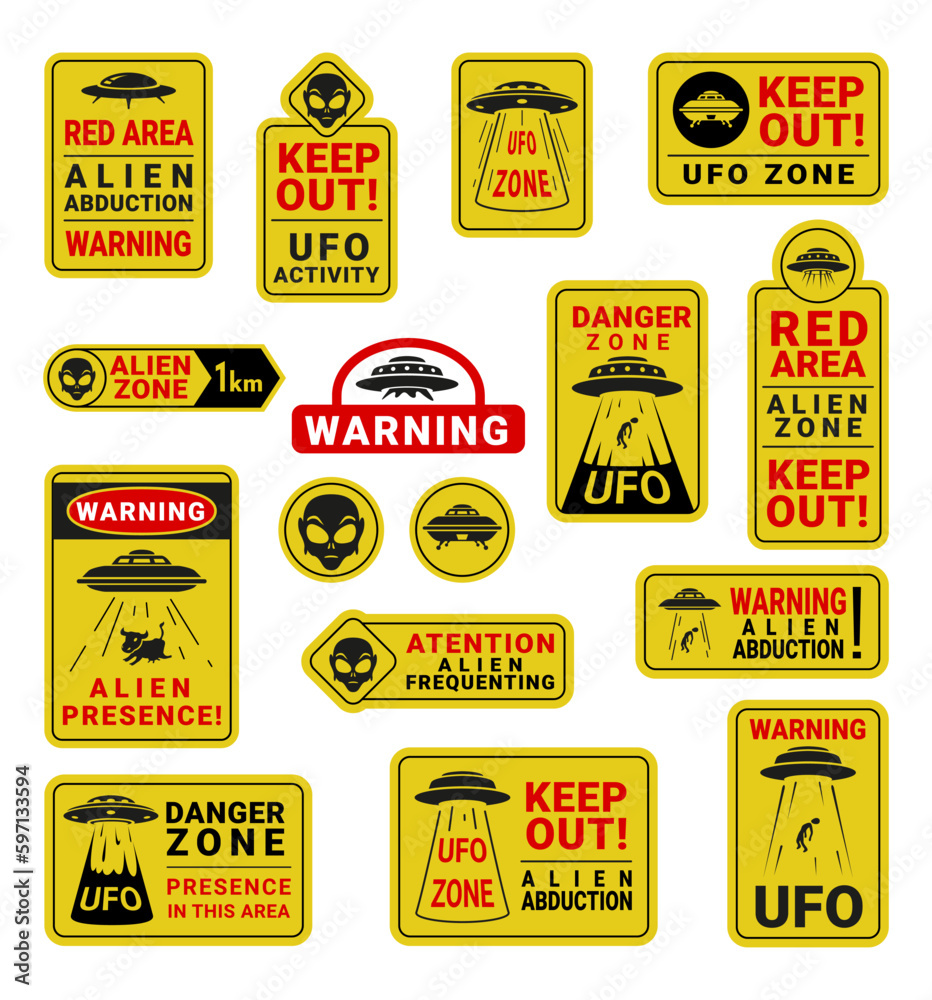 Warning UFO road sign yellow red badge with aliens abduction black line set vector flat illustration