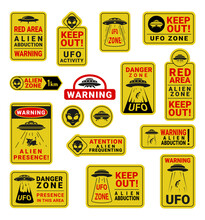 Warning UFO Road Sign Yellow Red Badge With Aliens Abduction Black Line Set Vector Flat Illustration