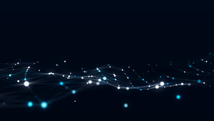 Poster - Abstract bright wave of glowing particles. The flow of musical sounds. Big data visualization. 3d rendering.