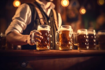 Wall Mural - Oktoberfest, Munich. German beer festival, Beer mugs close up. generative ai