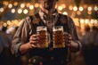 canvas print picture - Oktoberfest, Munich. German beer festival, Beer mugs close up. generative ai