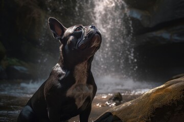 Studio portrait photography of an aggressive french bulldog licking himself against waterfalls background. With generative AI technology