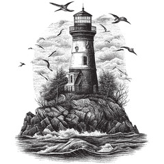 Hand Drawn Engraving Pen and Ink Lighthouse on a Sea Bound Rock Island Vintage Vector Illustration