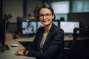 Woman wearing a suit in a modern office. Generative AI