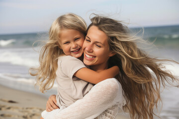 Mother carrying daughter along the beach. Generative AI