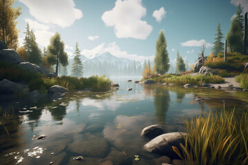 Canvas Print - Peaceful lake surrounded by trees and mountains generative AI