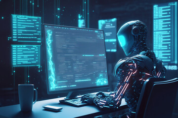 The picture depicts a futuristic man coding two-layer growth on a screen while a robot works on a laptop in the background, with data connecting them.  , AI generated image.