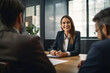 © AIproduction - Friendly smiling woman wearing a suit sitting on a desk talking to medium aged customers sitting opposite to her in a modern office. Generative AI