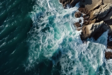 Poster - Aerial top view of sea waves and rocky coast, created with Generative AI technology