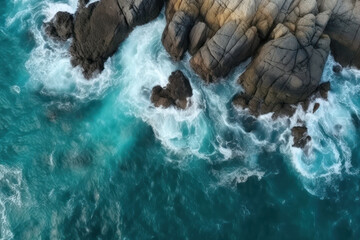 Poster - Aerial top view of sea waves and rocky coast, created with Generative AI technology