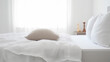 © Fox Bread - White bedding sheets and pillow background, Messy bed concept created with generative ai technology