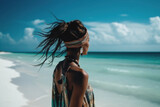 Fototapeta Boho - Beautiful black woman, in boho dress on the beach, wearing stylish boho accessories, Generative ai