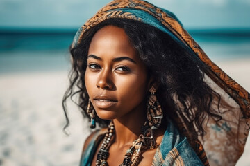 Wall Mural - Close up portrait of beautiful black woman, in boho dress on the beach, wearing stylish boho   accessories, Generative ai