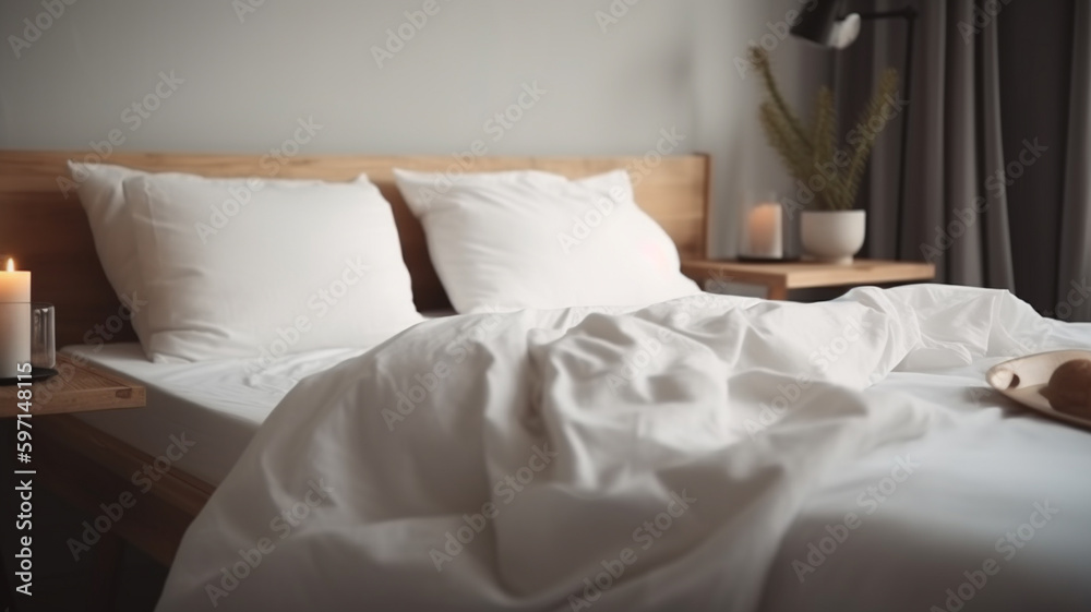 White bedding sheets and pillow background, Messy bed concept created ...