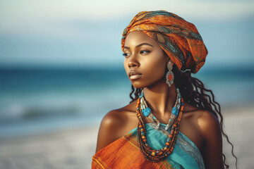 Wall Mural - Close up portrait of beautiful black woman, in boho dress on the beach, wearing stylish boho   accessories, Generative ai