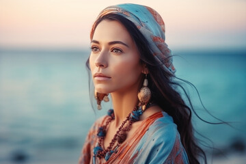 Portrait of beautiful young girl standing on the beach, wearing stylish boho dress and jewlery, Generative ai