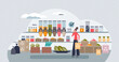 © VectorMine - Zero waste grocery store with ecological packaging tiny person concept. Organic vegetables and healthy products without plastic wrapping vector illustration. Reusable materials for green lifestyle.