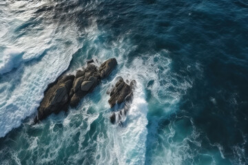 Poster - Aerial top view of sea waves and rocky coast, created with Generative AI technology