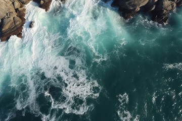 Poster - Aerial top view of sea waves and rocky coast, created with Generative AI technology