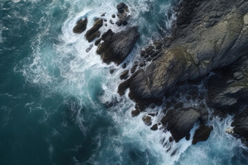Poster - Aerial top view of sea waves and rocky coast, created with Generative AI technology